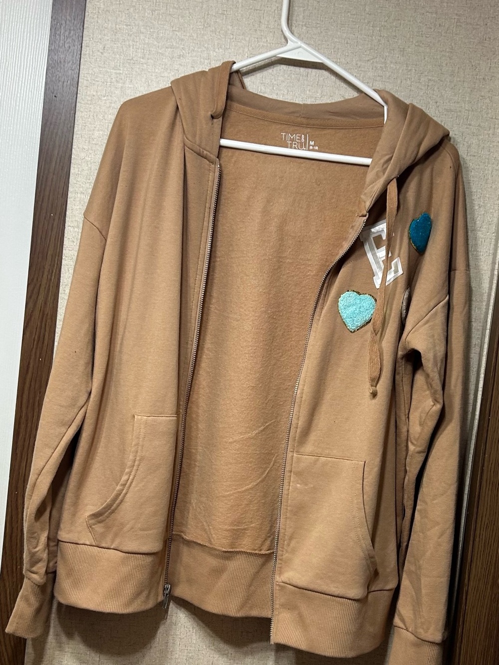 Time and Tru Tan Zip-Up Hoodie with Teal Heart Patches